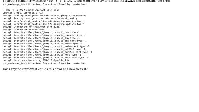Docker container ssh error: ssh_exchange_identification: Connection closed by remote host смотреть онлайн