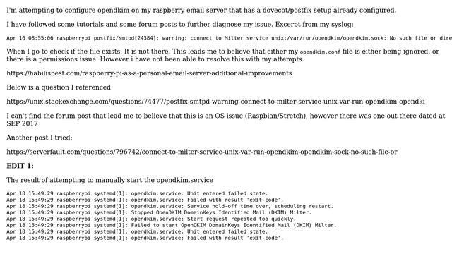 Unix & Linux: opendkim.sock file not being created or does not exist смотреть онлайн
