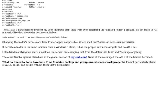 Unix & Linux: Creating a directory in Samba share from OSX client always has ACL "mask:r-x" смотреть онлайн
