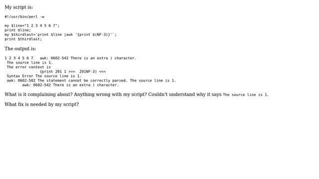 Ubuntu: How to correctly invoke awk in Perl to print out the 3rd last field in a line? смотреть онлайн