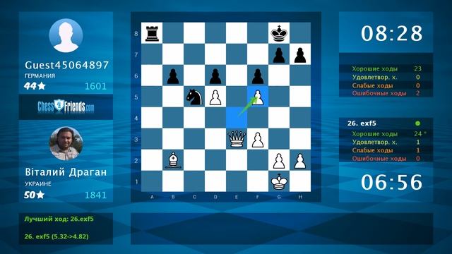 Анализ шахматной партии: Вiталий Драган - Guest45064897, 1-0 (по ChessFriends.com) смотреть онлайн
