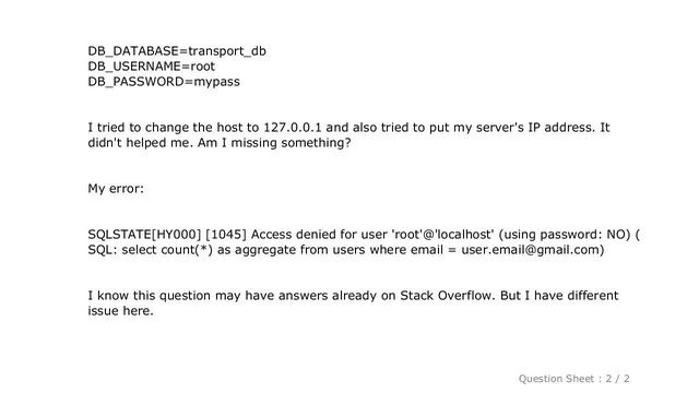 MySQL : SQLSTATE[HY000] [1045] Access denied for user 'root'@'localhost' (using password: NO) . DB_ смотреть онлайн
