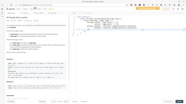 LeetCode 937 | Reorder Data in Log Files | Comparator | Java смотреть онлайн