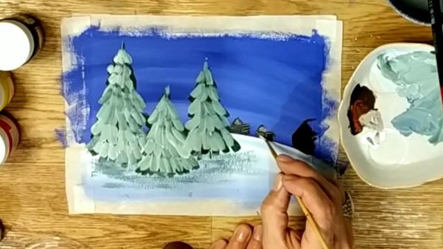 Пейзаж Ёлка Домики Как нарисовать пейзаж гуашью просто Подробно для новичков смотреть онлайн