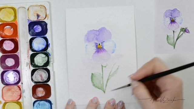 Как нарисовать цветок, как нарисовать лист. Рисунок анютины глазки акварелью. Aquarelle Art