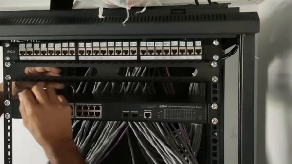 network cable management and 12U server rack installation for office setup cat 6A cable dahua tplin
