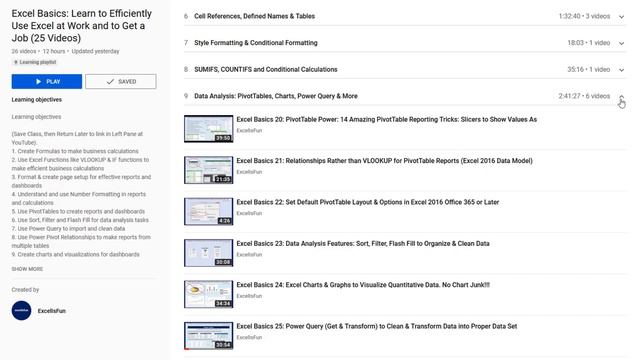 Free Excel Basics Course At YouTube