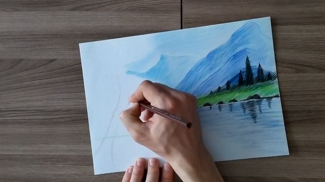 Пейзаж цветными карандашами. Landscape with colored pencils. смотреть онлайн