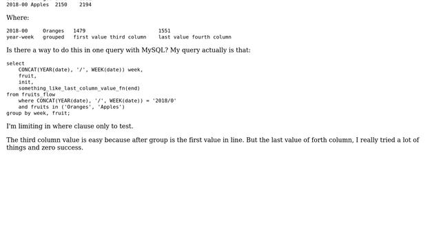 Databases: Last value in two levels of group by in MySQL смотреть онлайн