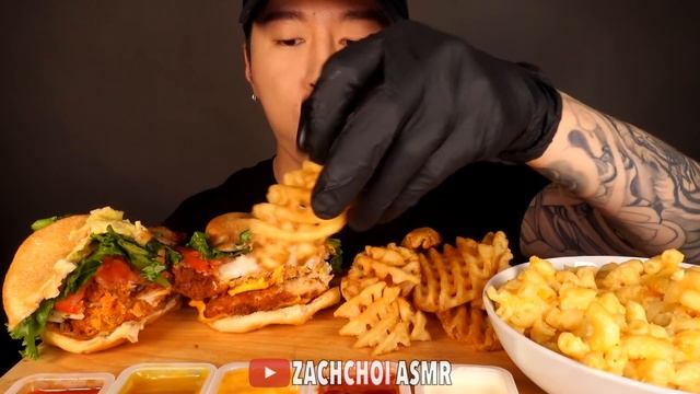 ASMR SPICY CHICKEN SANDWICHES & MAC N CHEESE MUKBANG (No Talking) EATING SOUNDS | Zach Choi ASMR