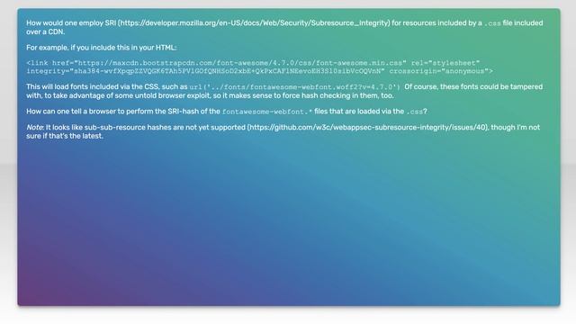 Subresource Integrity on CSS-included fonts over CDN (e.g. font-awesome) смотреть онлайн