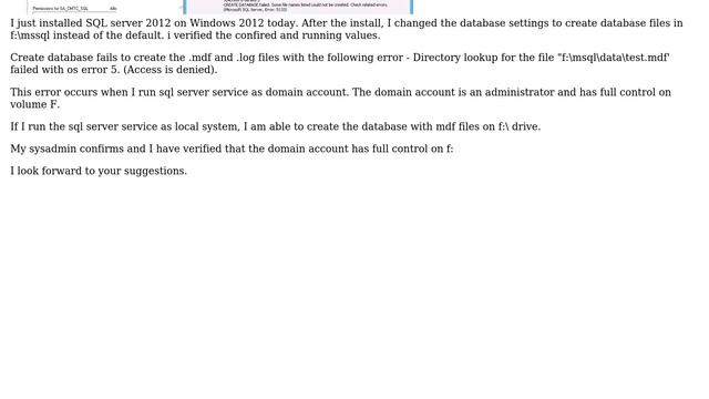 Create database fails with Microsoft SQL Server Error 5133, Operating syste, error 5 (Access is... смотреть онлайн