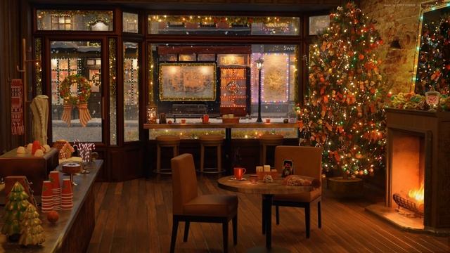 Cozy Christmas Coffee Shop Ambience With Christmas Music, Fireplace And Coffee Shop Background Nois