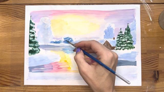 Как нарисовать зимний пейзаж гуашью для детей | Рисунок поэтапно для срисовки смотреть онлайн