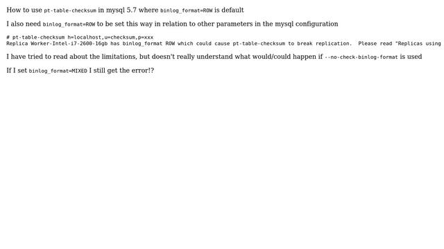 Databases: pt-table-checksum and mysql 5.7 with binlog_format=ROW смотреть онлайн