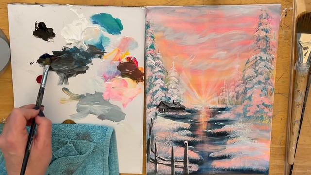 How To Paint FROSTY ☃️ winter landscape painting tutorial / lamppost / cabin/ sunset / river смотреть онлайн