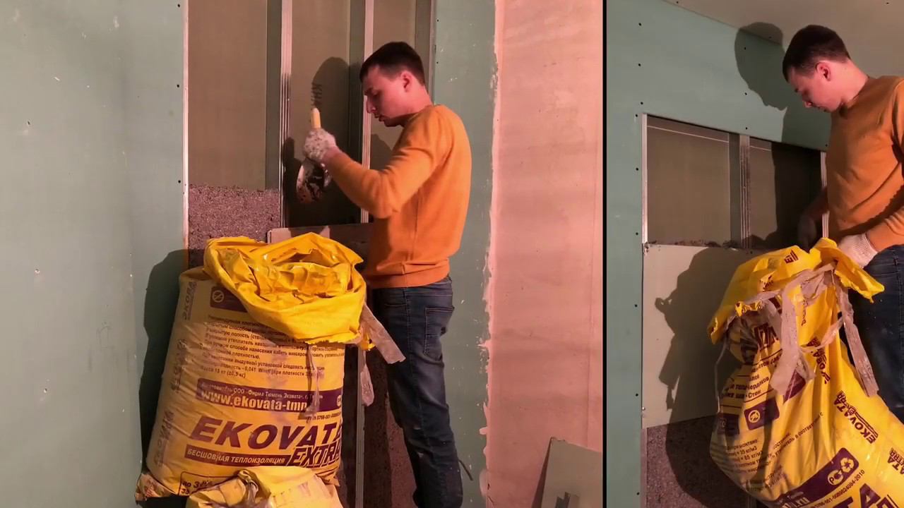 Звукоизоляция перегородки Эковатой ручным способом смотреть онлайн