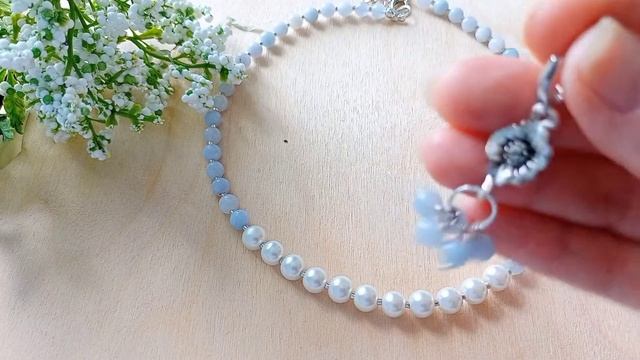 Choker and earrings made of aquamarine beads and pearls. Чокер и серьги. смотреть онлайн