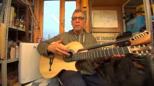 Двухгрифовая harp-guitar гитара 6+3, нейлоновые струны, работы Антона Хорина - обзор в мастерской . смотреть онлайн