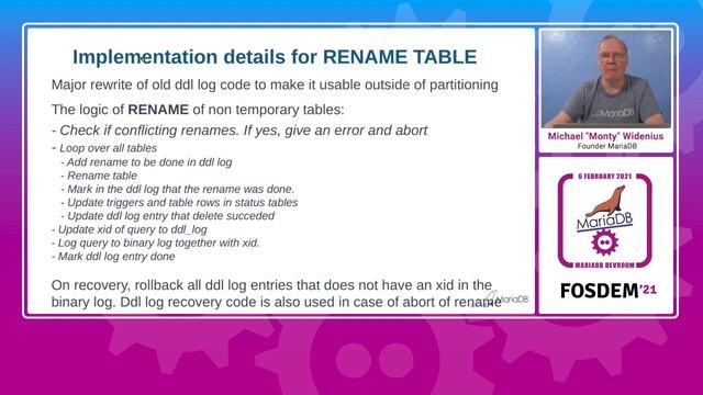 Atomic DDL in MariaDB - Michael "Monty" Widenius - FOSDEM 2021 смотреть онлайн