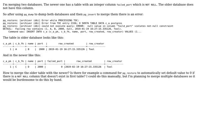 Databases: pg_restoring into a table with a not null column смотреть онлайн