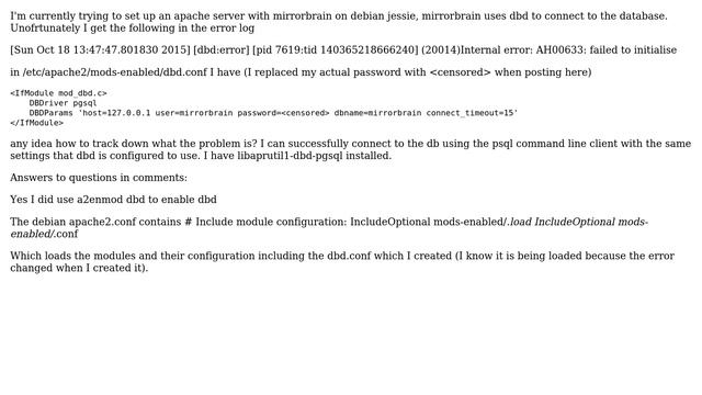 apache2 dbd failed to initialise error AH02654 using postgresql on debian jessie смотреть онлайн