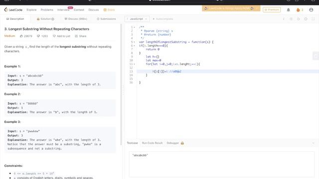Leetcode #3 Longest Substring Without Repeating Characters | JavaScript смотреть онлайн