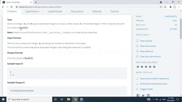 Hacker rank python tuple solution | Hacker rank tuple hash solution | Hacker rank tuple challenge смотреть онлайн