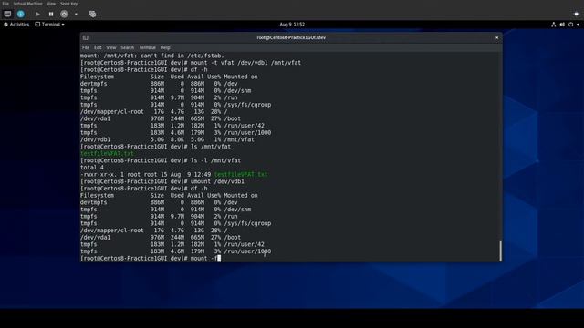 RHCSA V8 Practice Session:  Create, Mount, Unmount, And Use Vfat, Ext4, And Xfs File Systems