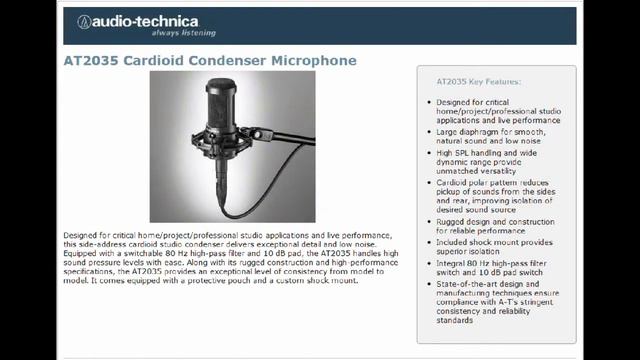 Audio Technica AT2035 Large Diaphragm Studio Condenser Microphone смотреть онлайн
