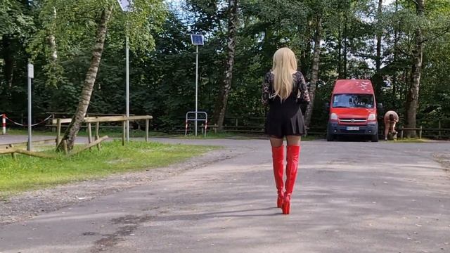 4k Granate Styling, Walking In Public, Wasserburg, Germany, Thigh High Boots, Minidress, Stockings