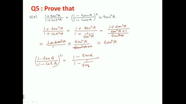 (1+tan²A)/(1+cot²A)=((1-tanA)/(1-cotA))^2=tan²A, Exercise 8.2, Question 5 (x) смотреть онлайн