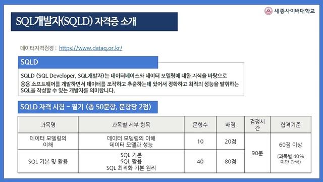세종사이버대학교 컴퓨터·AI공학과 SQL개발자SQLD 자격증 소개? (by 김윤수교수) смотреть онлайн