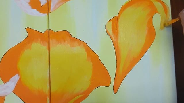 Рисуем цветы на холсте. Оранжевый цвет в интерьере. Интерьерная картина. Как нарисовать каллы. смотреть онлайн
