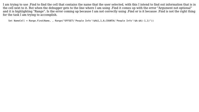 VBA - Argument Not Optional Error With .Find смотреть онлайн