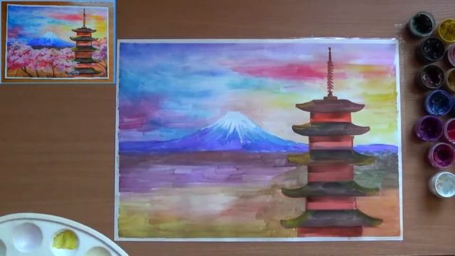 Как нарисовать Японию весной. Гора Фудзияма весной. Японская пагода. Гуашь смотреть онлайн