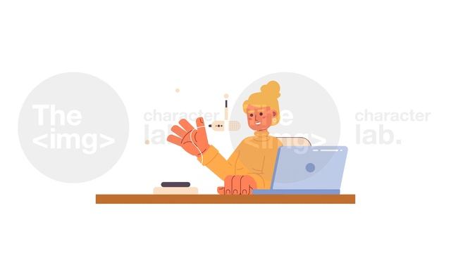 Caucasian woman talking microphone stand laptop 2D character animation смотреть онлайн