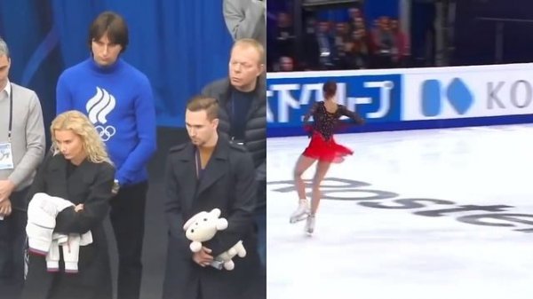 Eteri Tutberidze, Daniil Gleikhengauz, Sergei Dudakov watching Alina Zagitova at ROSTELECOM cup 201