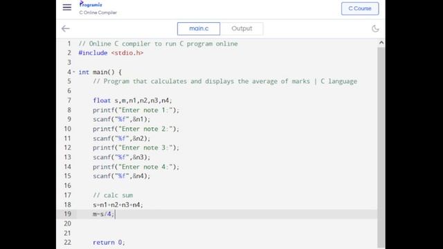 Program that calculates and displays the average of marks | C language смотреть онлайн