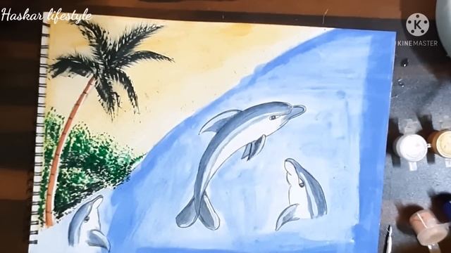 Scenery of dolphins playing in sea | water colour painting | scenery of ocean with dolphin смотреть онлайн