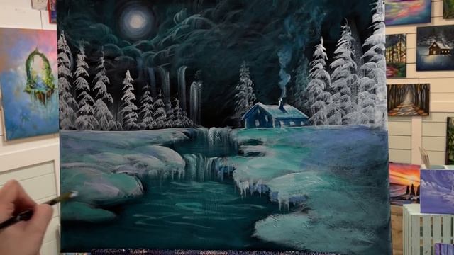 Cozy Winter Cabin /acrylic PAINTING TUTORIAL/ Step By Step ?How To Paint Snowy Trees & River смотреть онлайн