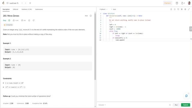 LeetCode | Task "283. Move Zeroes" | Python solution смотреть онлайн