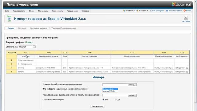 Настройки компонента "Импорт / экспорт товаров из Excel в Virtuemart 2" смотреть онлайн