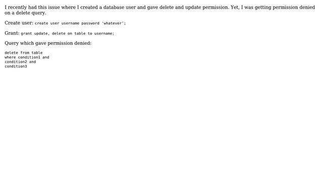 Databases: Permission denied while trying to delete even when delete is granted смотреть онлайн