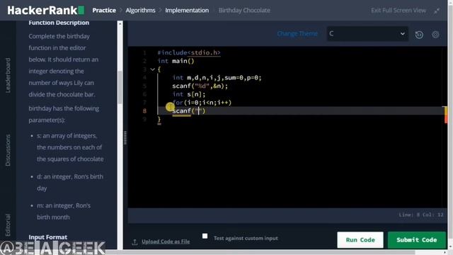 Subarray division hackerrank solution in c @BE A GEEK | Hindi | смотреть онлайн