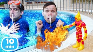 Школа героев Акватим и Человек Огонь спасают аквапарк! Супергерои видео для детей в аквапарке