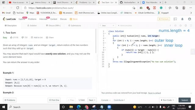 Problem 1 Two Sum Leetcode solution in java смотреть онлайн