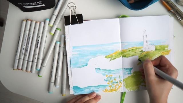 Рисуем маяк и море маркерами Finecolor и Copic. How to draw a lighthouse with markers. смотреть онлайн