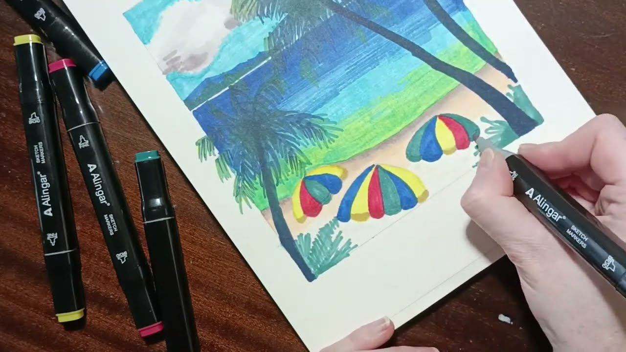 Рисуем морской пляж маркерами