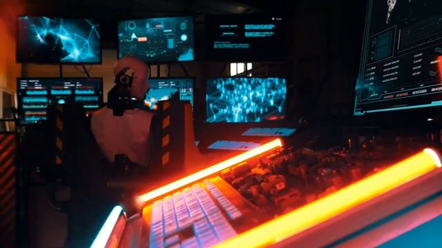 cyberpunk robot in a data center looking at monitors on black screen смотреть онлайн